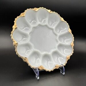 Vintage Anchor Hocking Fire-King Milk Glass Deviled Egg Platter Gold Trim 9.75"